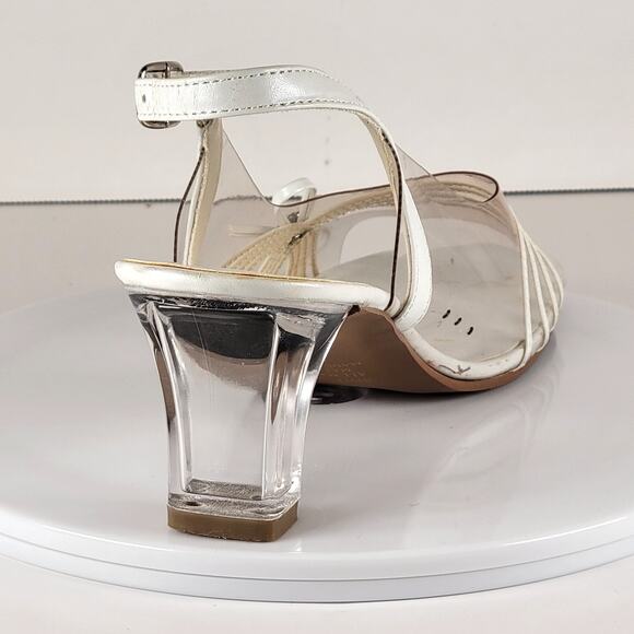 Annie White Slingback Sandals 6M Open Toe Clear Heel Strappy Bow Rhinestones - Picture 14 of 16